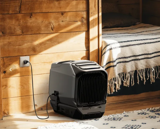 EcoFlow WAVE 3 operating inside a wooden cabin