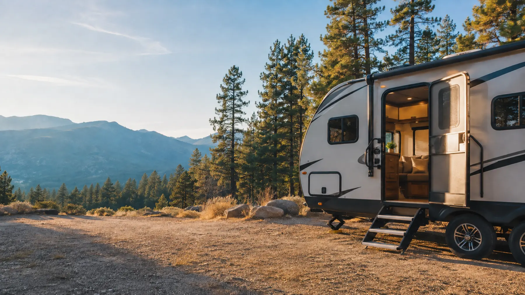Travel trailer at a mountain campsite